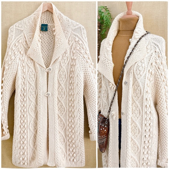 Vintage Sweaters - Eilis Irish Fisherman Cardigan Cabled Wool Hand Knitted Midi Jumper Sweater Coat
